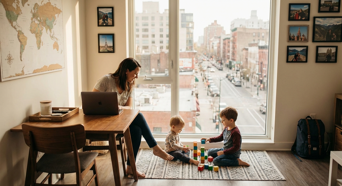 Family working and playing in a family-friendly digital nomad destination