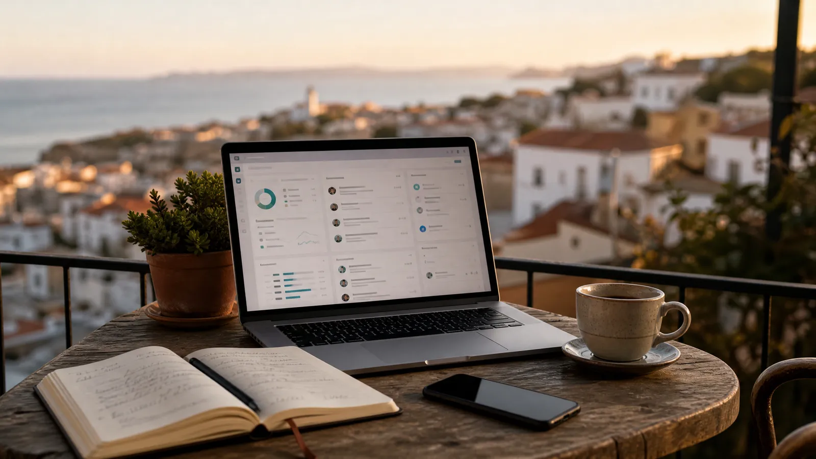 Laptop showing an anonymous project dashboard on a balcony table overlooking a coastal town at golden hour, with a notebook and coffee