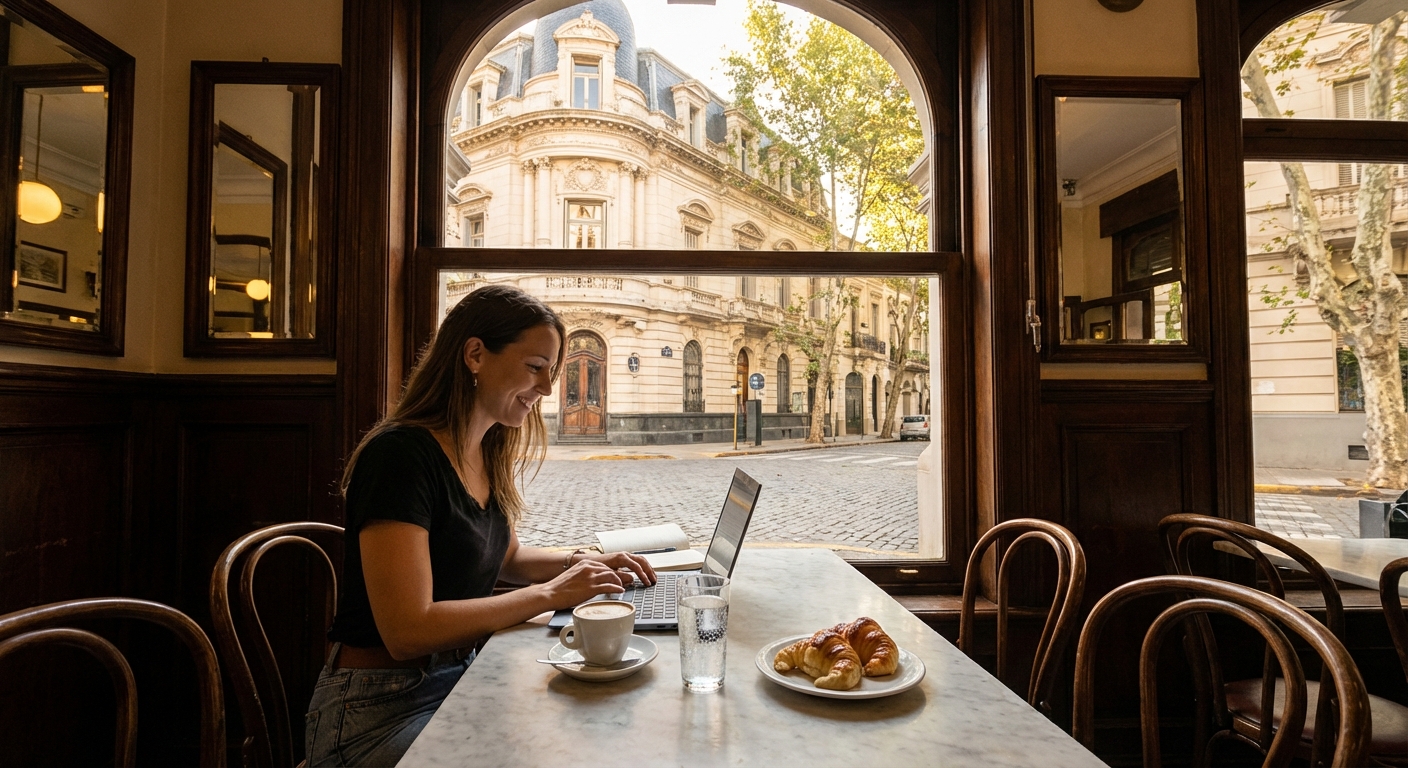 Digital nomad working from a cafe in Buenos Aires Palermo neighborhood