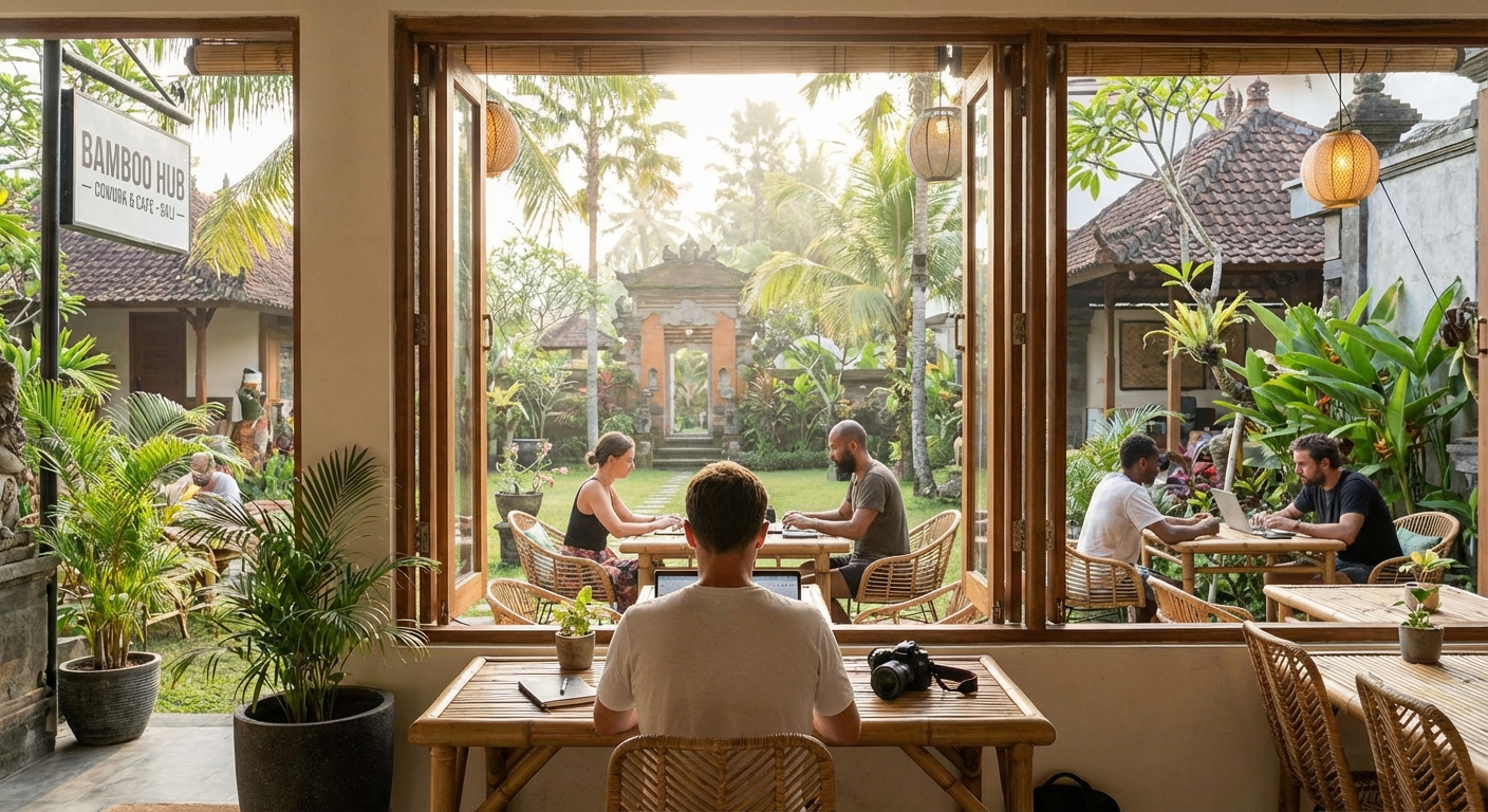 Modern coworking space in Southeast Asia with tropical plants