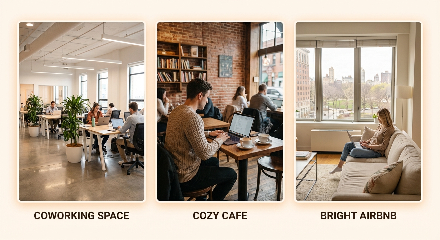 Split image showing coworking space, cafe, and home office workspace
