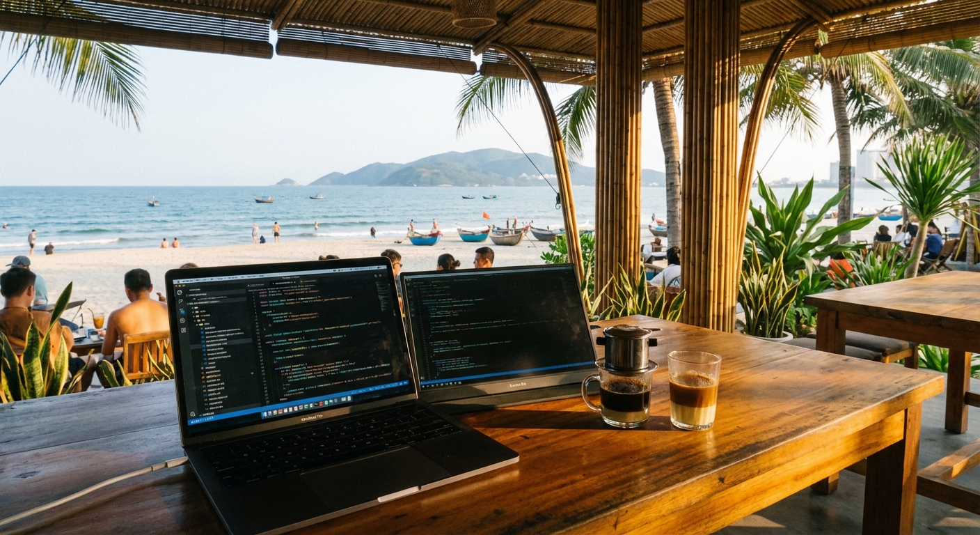 Digital nomad working from beachfront cafe in Da Nang Vietnam