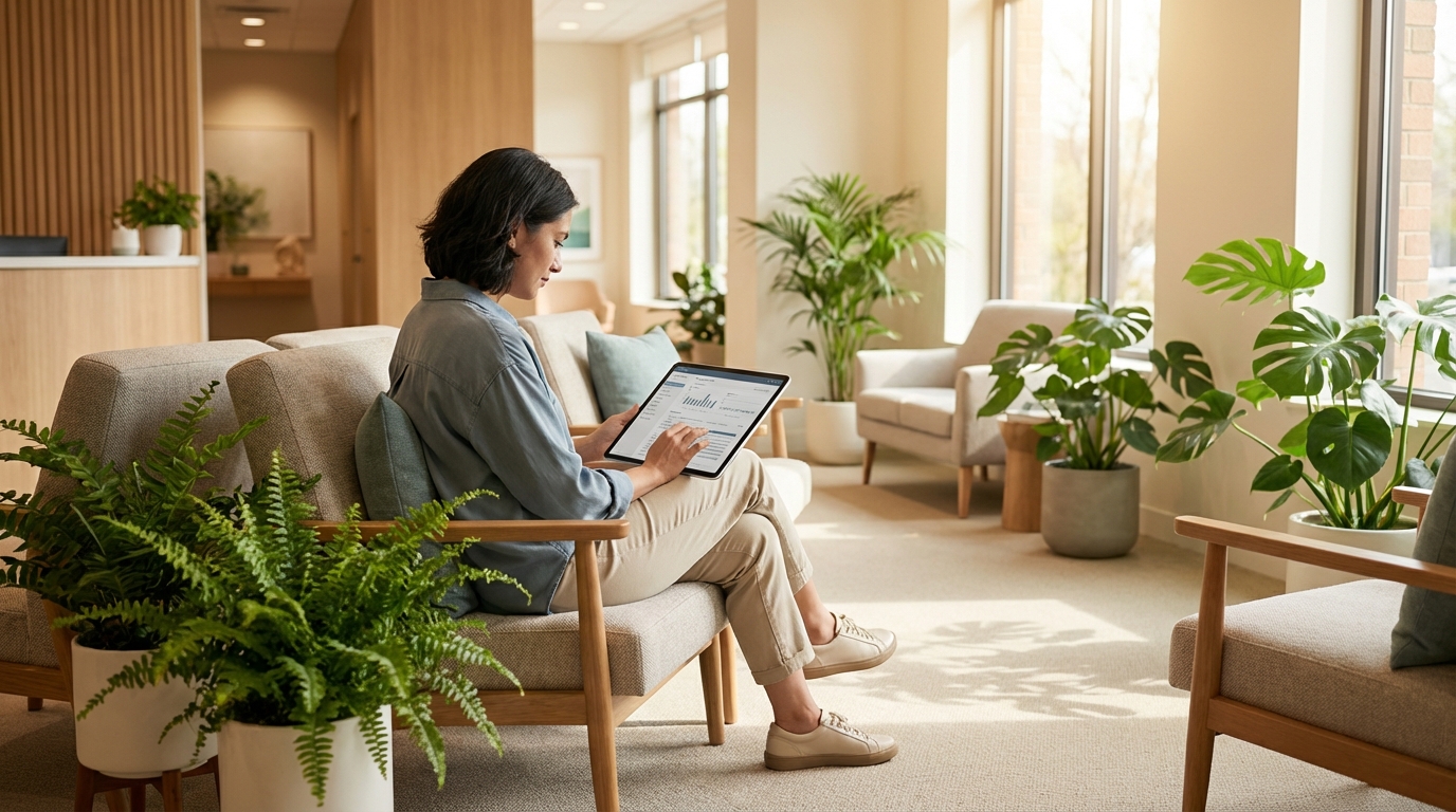 Digital nomad reviewing health records in modern international clinic