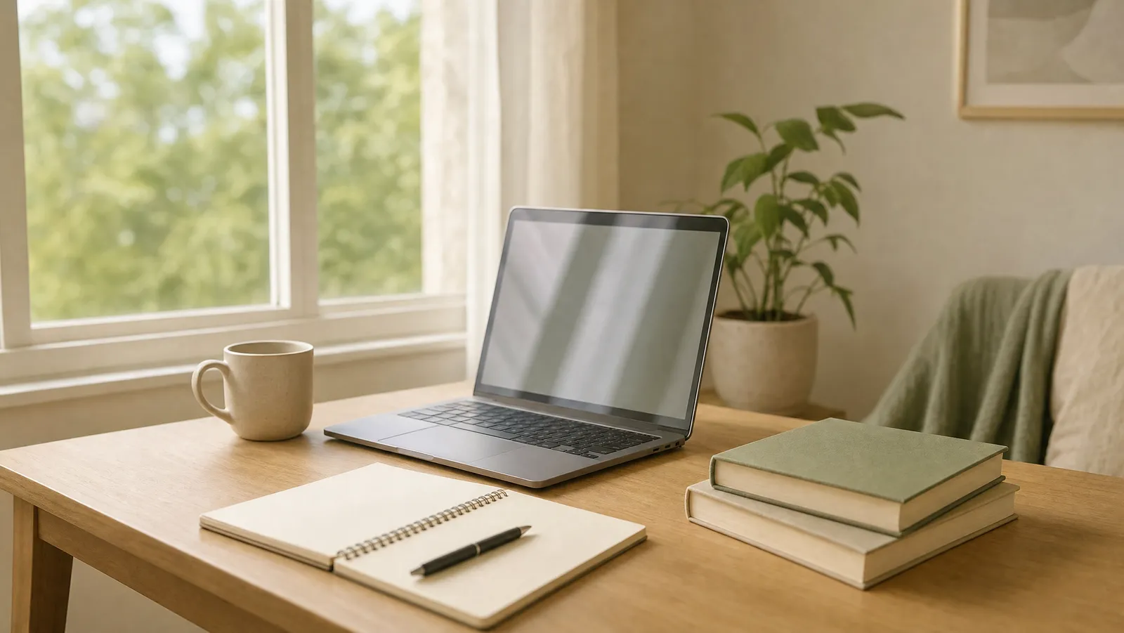 Simple sunlit desk with an open laptop, blank notebook and books for starting a remote career