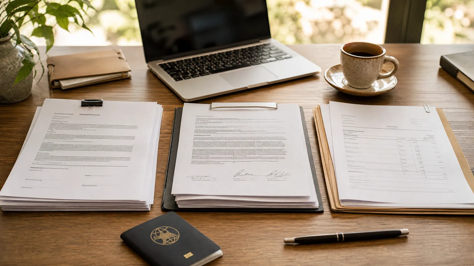Sunlit desk with three stacks of paperwork — an employment contract, a service agreement and client invoices — beside a laptop, passport and coffee