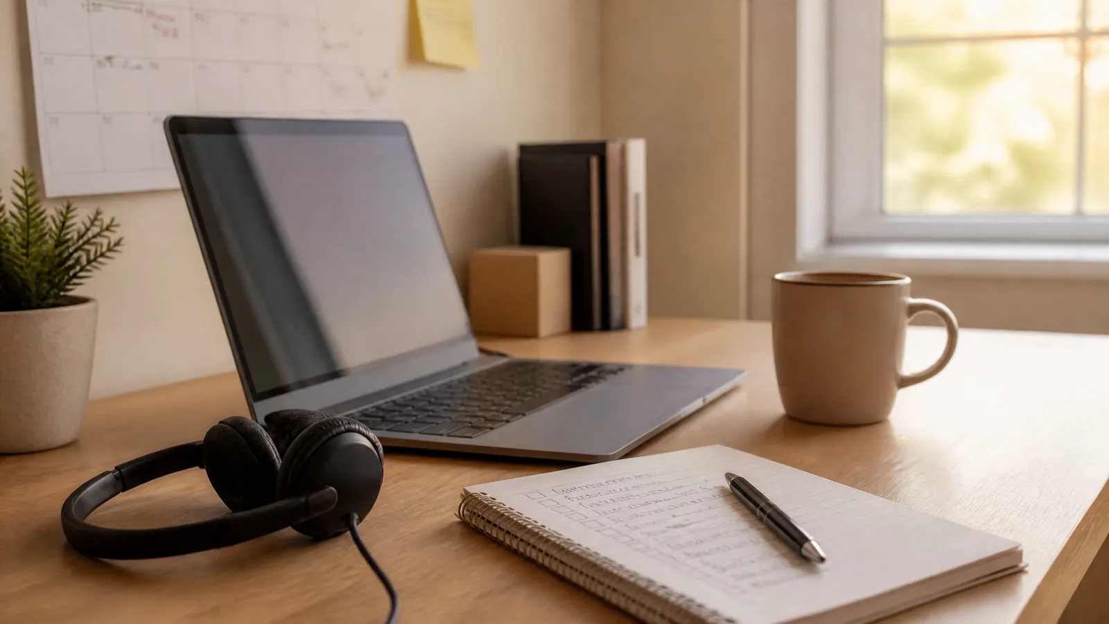A modest home workspace with a laptop, headset, handwritten checklist and mug in morning light