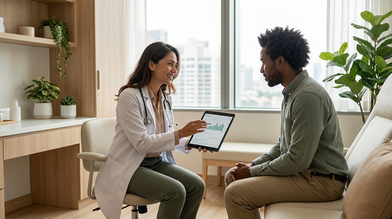 Doctor consultation in bright international clinic with patient