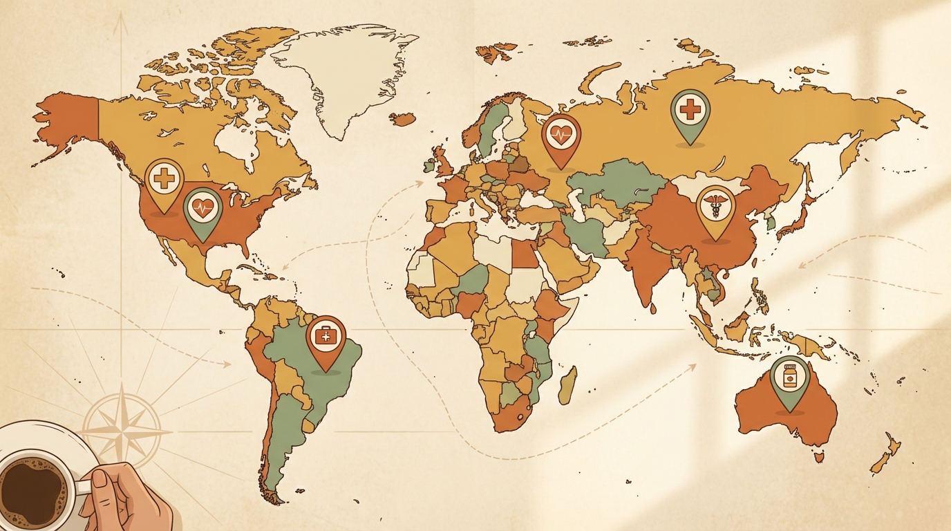 World map with healthcare and medical location markers