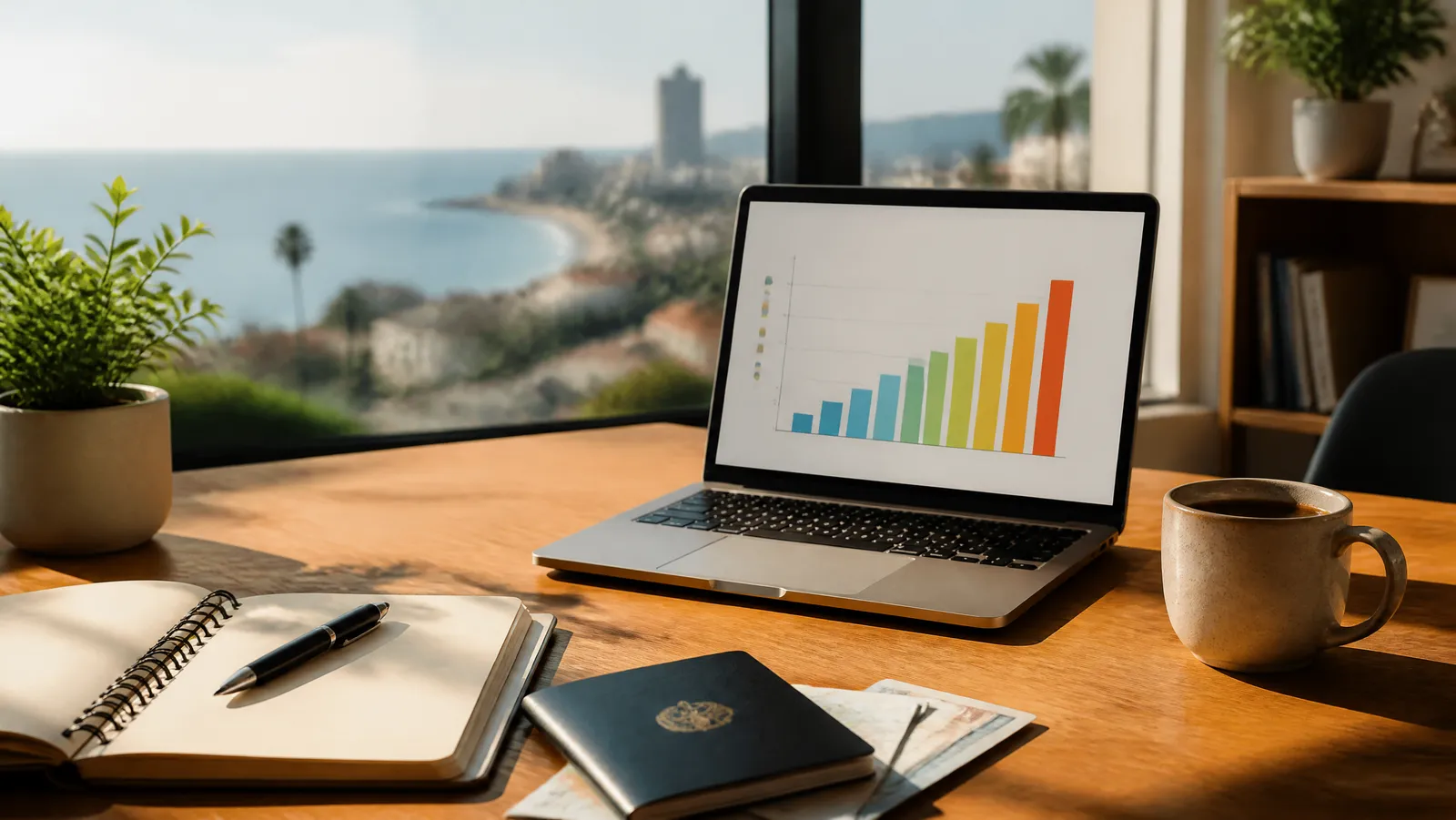 Sunlit home office desk with a laptop showing a salary comparison chart, notebook, passport and coffee overlooking a coastal city