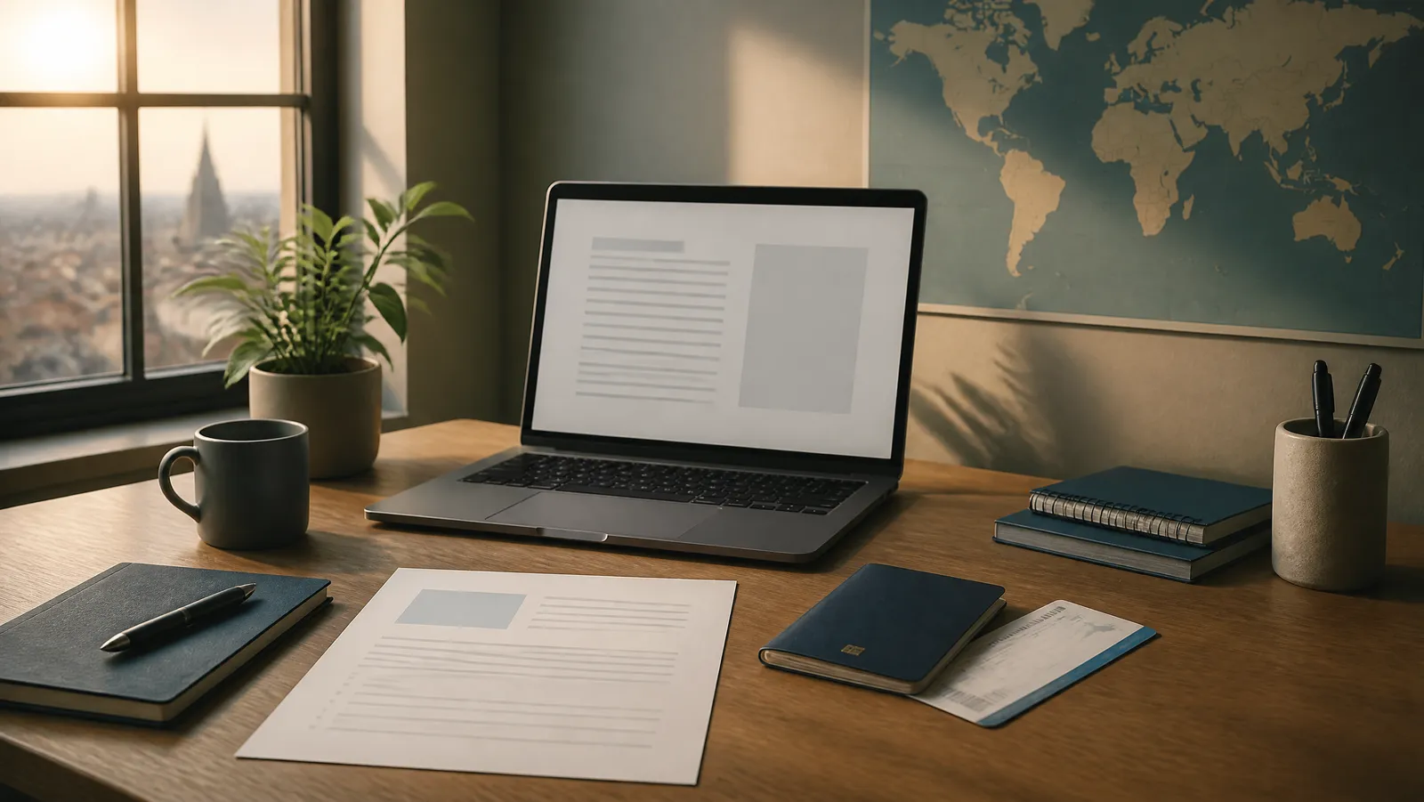 Desk by a window with a laptop open to a blank proposal document, a printed page, a passport and a world map on the wall