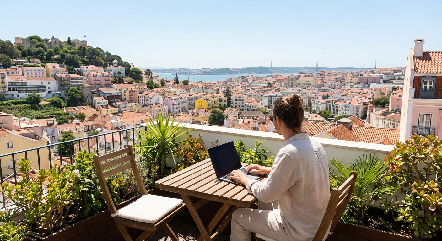 Lisbon rooftop view with digital nomad working overlooking the city