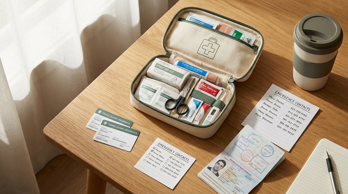 Emergency medical kit with insurance cards and passport for travel