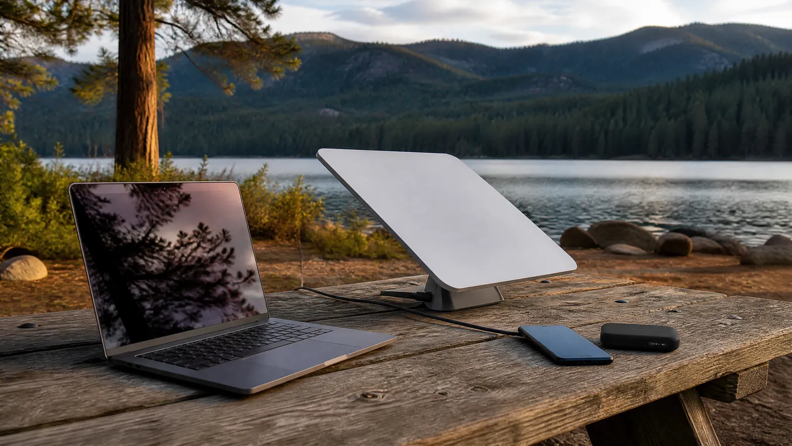 Picnic table at a remote lakeside campsite holding a laptop, portable satellite internet dish, smartphone, and mobile hotspot router laid out as off-grid internet options