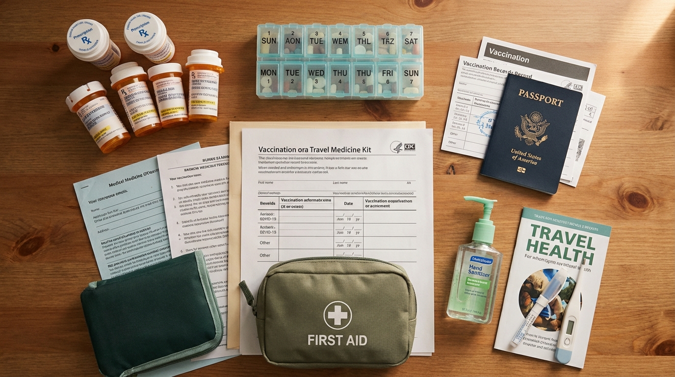 Organized travel medicine kit with prescriptions and documentation on desk