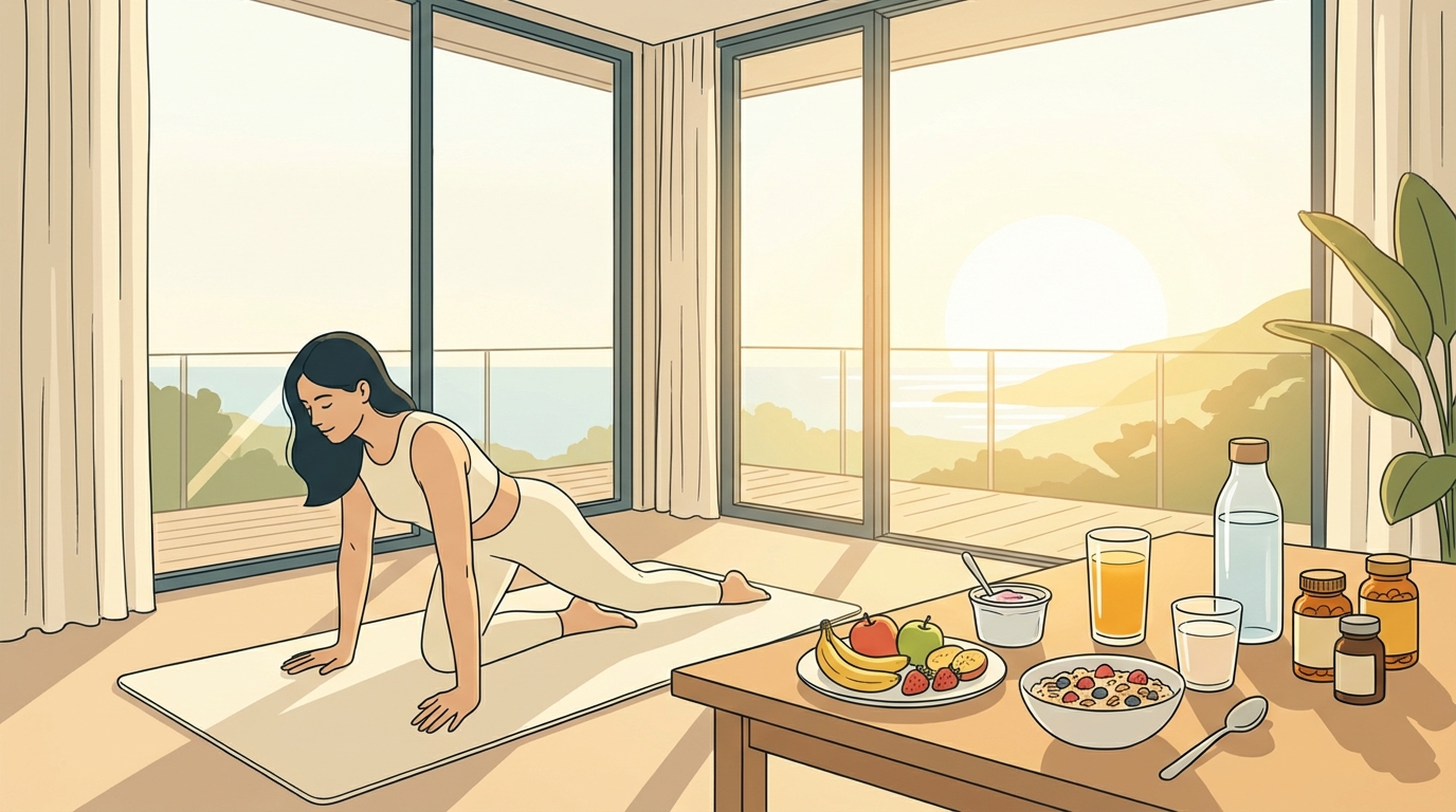 Morning wellness routine in bright sunny accommodation with healthy breakfast