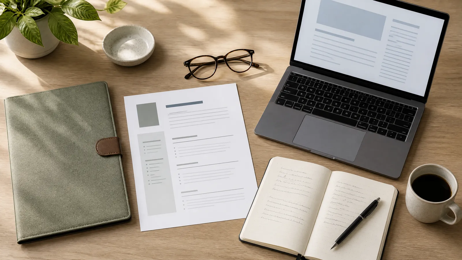 Overhead view of a desk with a printed one-page resume, portfolio folder, laptop, glasses and coffee