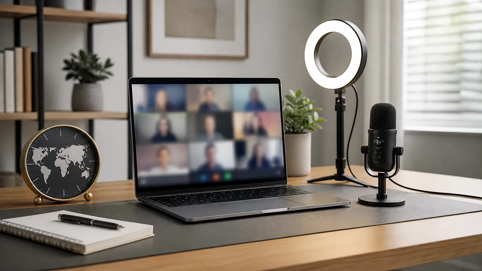 Quiet room desk set up for a video interview with a laptop, ring light, microphone and world clock