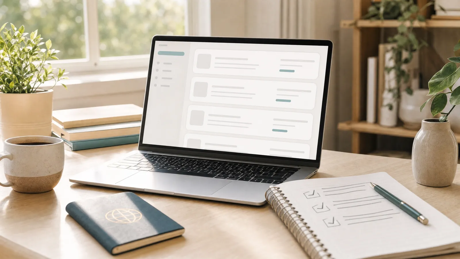 Laptop showing remote job listings on a sunlit desk beside a notebook, coffee and passport