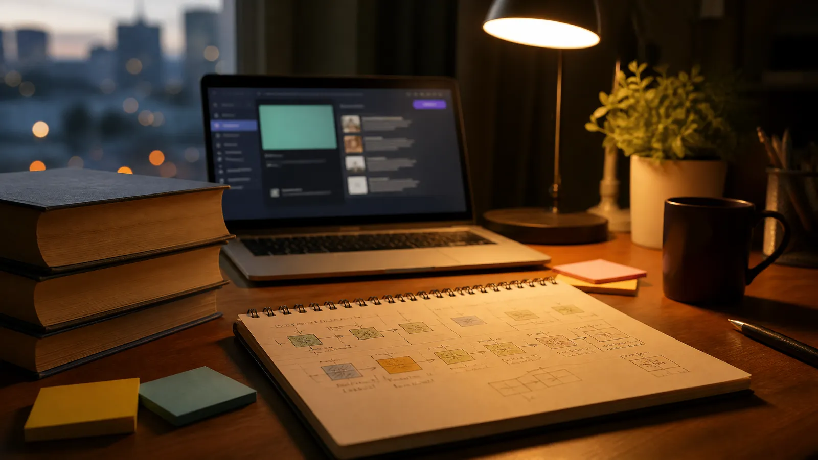 A study desk at dusk with a laptop, reference books and a notebook showing a hand-drawn month-by-month learning timeline