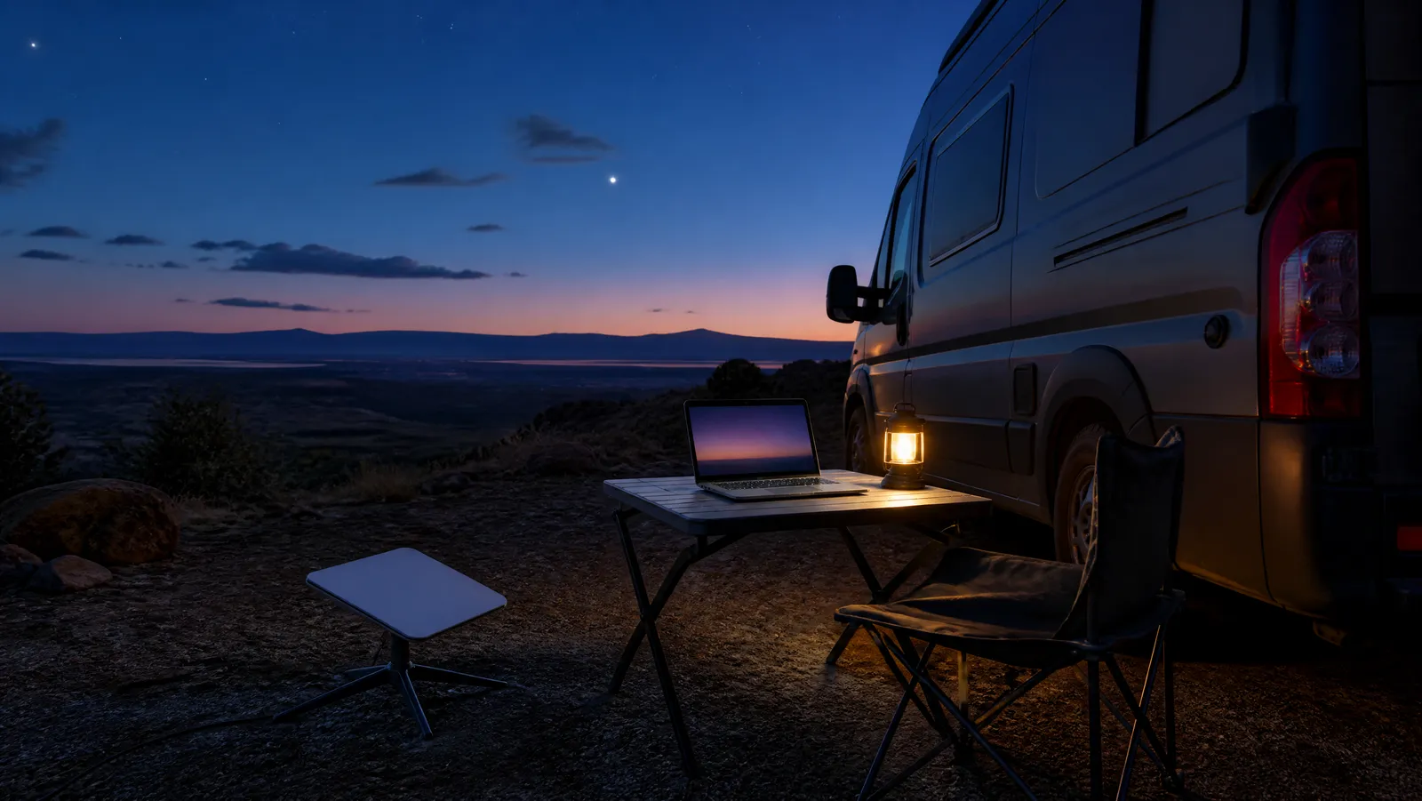 Portable satellite internet dish on a tripod beside a camper van at dusk, with a glowing laptop on a camp table under a twilight sky