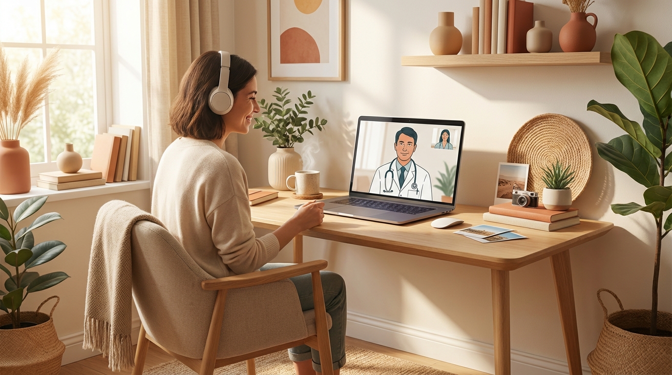 Digital nomad on video call with doctor from home office workspace
