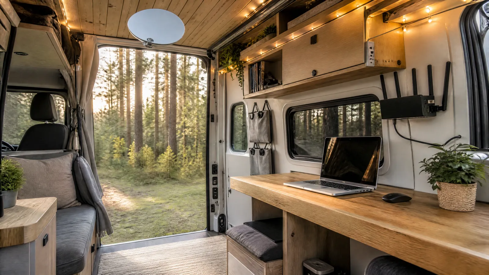 Camper van interior converted into a mobile office with a laptop on a wooden desk, wall-mounted router, and pine forest visible through the open sliding door
